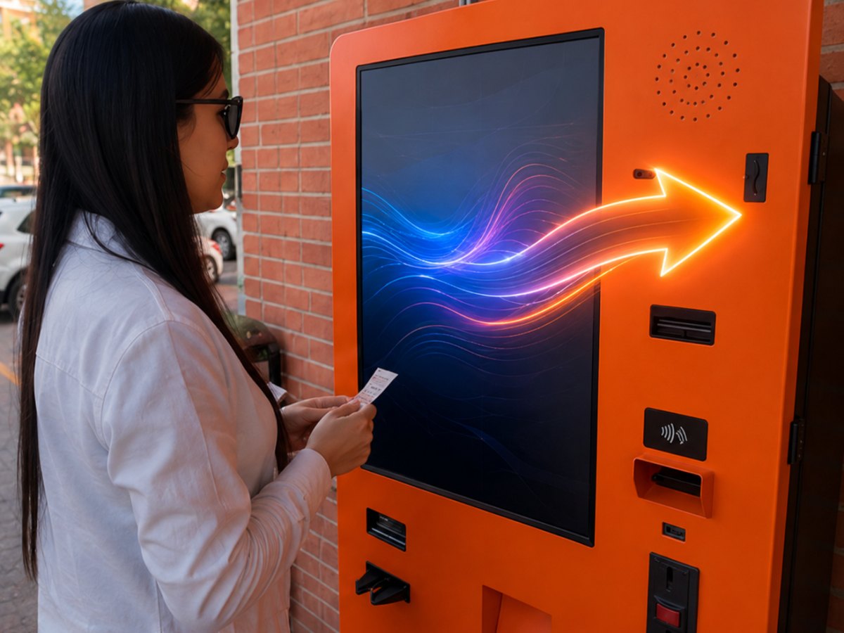 Clienta pagando en la estación de pago automático CIWS con su tiquete en la mano