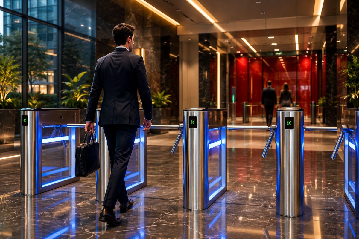 Torniquetes de control de acceso en el lobby de un edificio corporativo